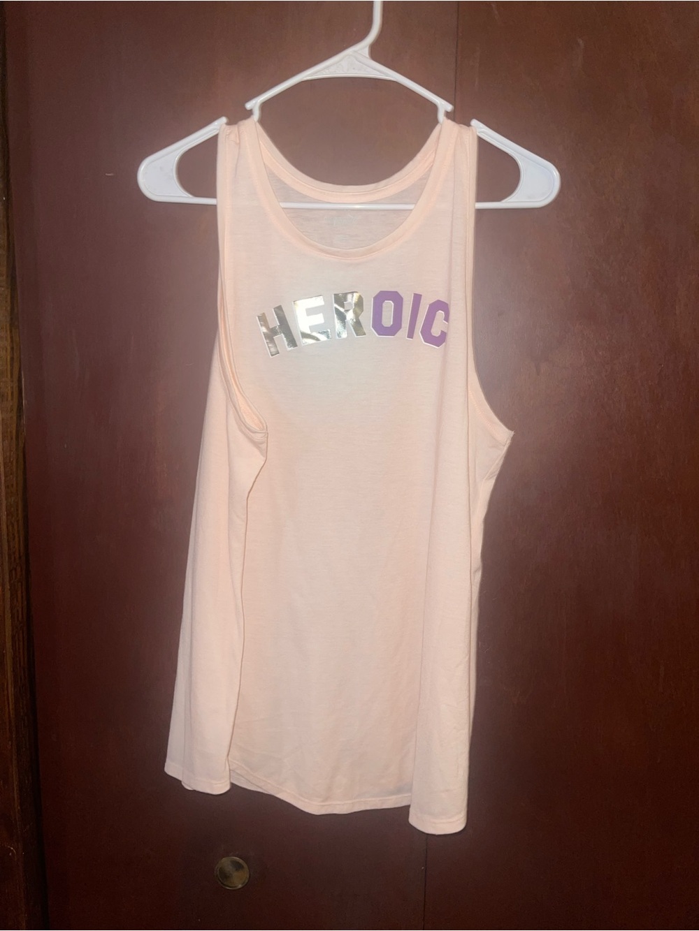 Old Navy Peach Tank Top with Metallic and Purple 'HEROIC' Logo